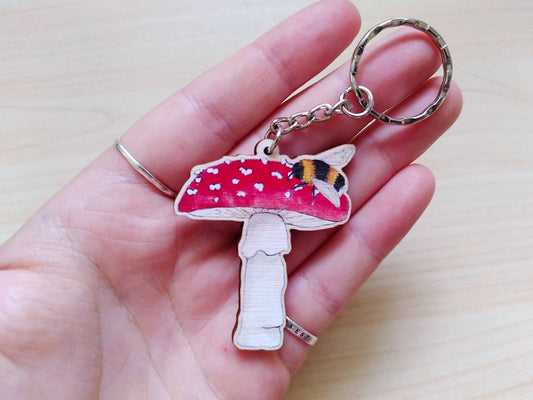 Toadstool and Bee - Wooden Keyring