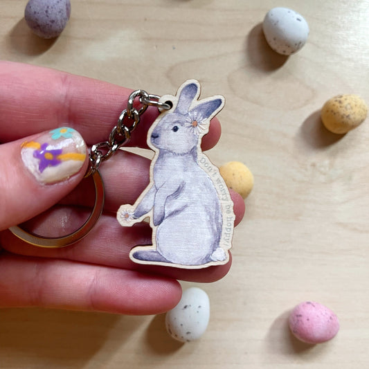 Dont Worry Be Hoppy Bunny - Wooden Keyring