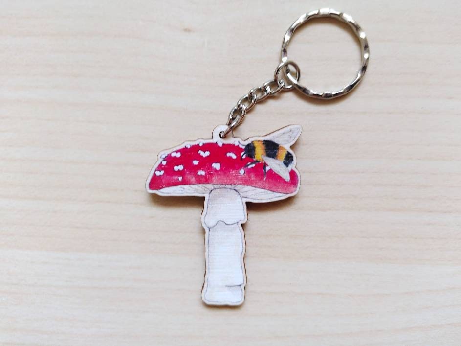 Toadstool and Bee - Wooden Keyring