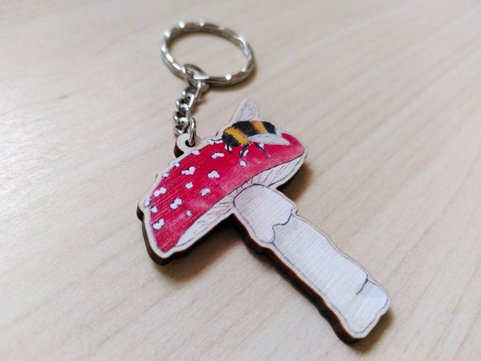 Toadstool and Bee - Wooden Keyring